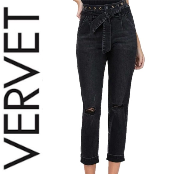 Vervet 29 Black Erika Stretch Mom Jeans | High Waist | Distressed | Tie Waist - Picture 15 of 16